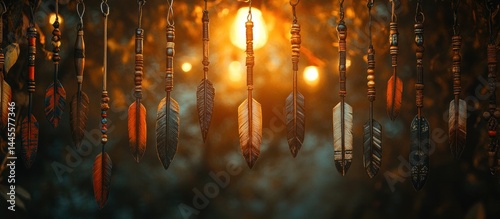 Ethereal boho dreamcatcher hanging in a cozy autumn atmosphere with soft lighting and shadows creating a peaceful and tranquil mood  The dreamcatchers feature a variety of feathers beads