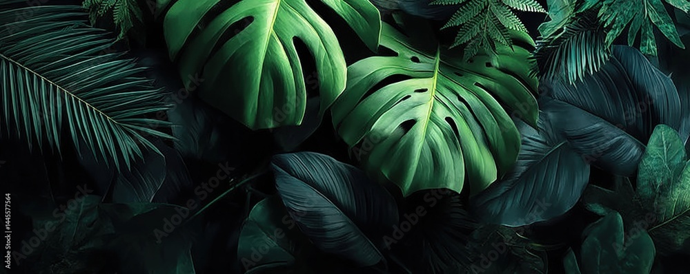 Fototapeta premium Lush tropical leaves in varying shades of green fill the image, creating a dense and vibrant jungle-like atmosphere.