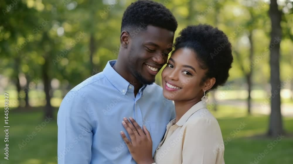 A young black man nestles close as his smiling partner rests her hand on his chest among leafy trees. Concept of tender romance and joyful relationship. A young black man nestles close as his smiling partner rests her hand on his chest among leafy trees. Concept of tender romance and joyful relationship.