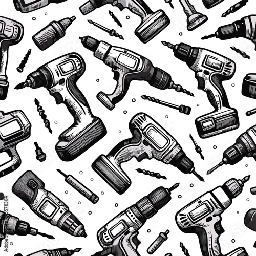 Seamless Pattern of Hand-Drawn Cordless Drills and Bits
