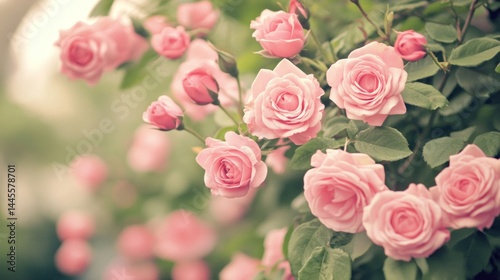 A close-up view of delicate, pastel pink roses in bloom.