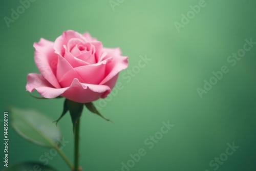A Single Delicate Pink Rose Blossom Against a Soft Green Background, Perfect for Greeting Cards or Romantic Themes