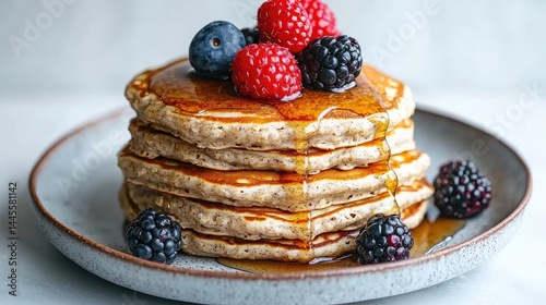 Wallpaper Mural Stacked pancakes topped with fresh berries and drizzle of honey Torontodigital.ca