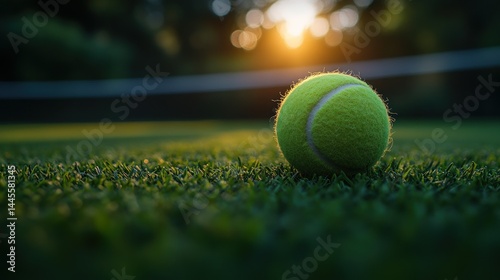 Tennis ball on court at sunset