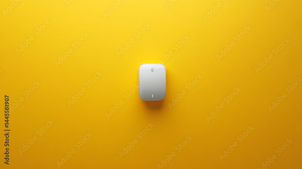 Minimalist top-down image of a white wireless mouse placed on a bright yellow background Minimalist top-down image of a white wireless mouse placed on a bright yellow background