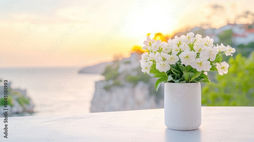 Fototapeta premium White flowers in a vase, ocean view