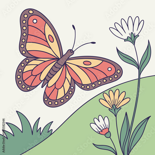Artistic representation of a colorful butterfly near flowers in a vibrant outdoor setting
