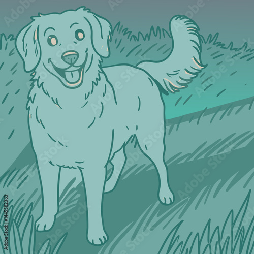 A light turquoise canine is happily standing in some grass, with a smile on its face and tail up.