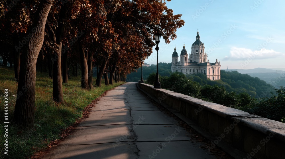 Obraz premium Scenic pathway lined with trees and vintage street lamps leading to a grand cathedral on a hillside with distant mountains