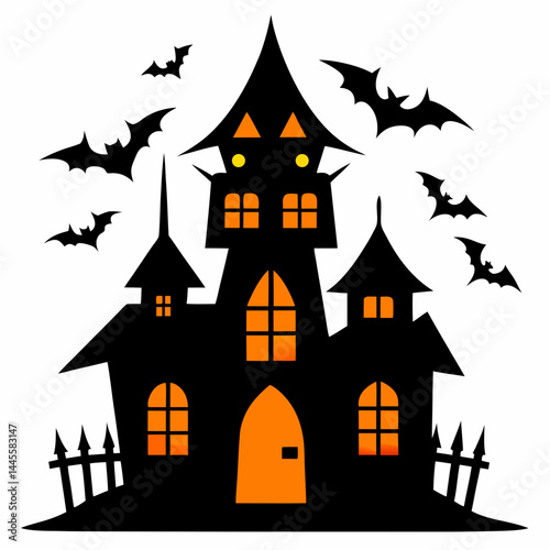 Haunted Halloween Castle with Bats Silhouette.