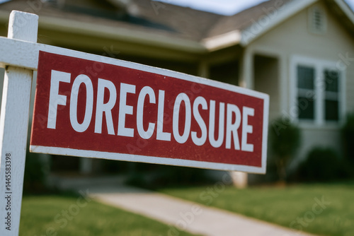 Foreclosure sign front of house warns of eviction notice due to debt issues creating stressful situation for homeowners facing financial challenges
