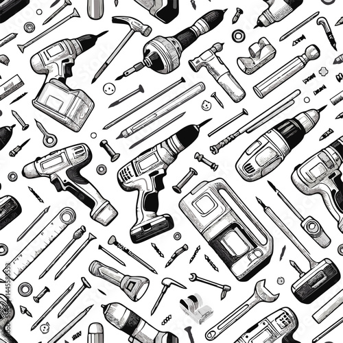 Seamless Pattern of Hand-Drawn Tools for DIY and Construction