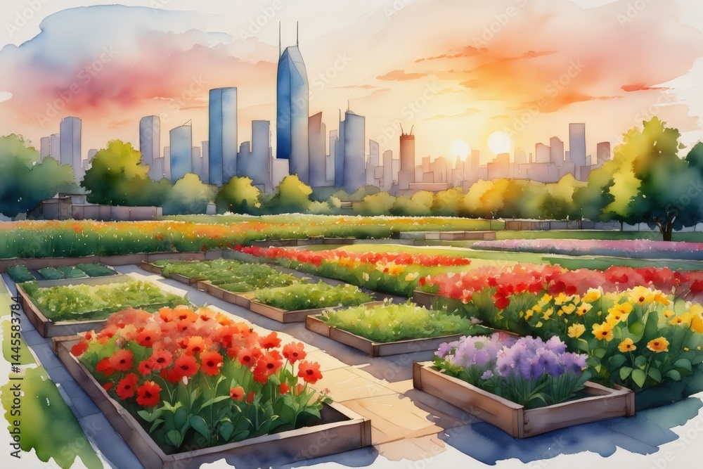 Fototapeta premium Vibrant urban garden at sunset with skyline view