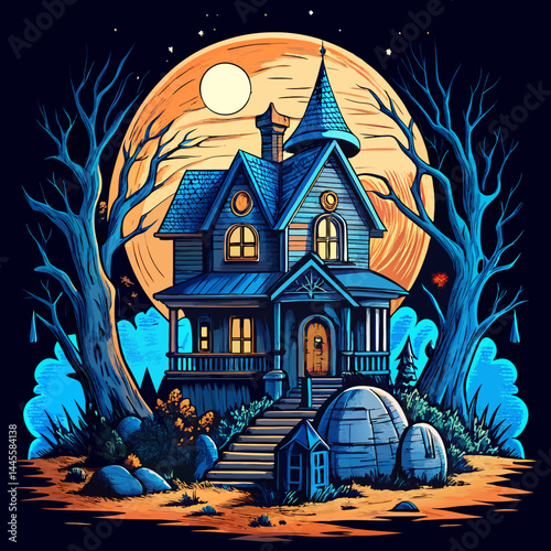 Haunted House with Full Moon Halloween Illustration.