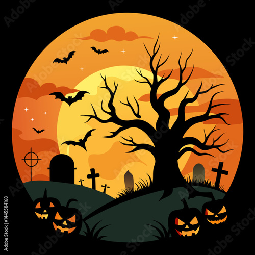 Halloween Night Scene with Full Moon and Jack-o'-lanterns.