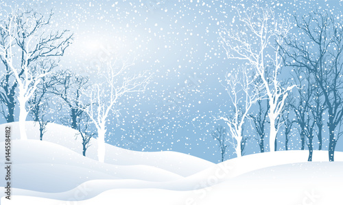 Serene winter landscape featuring snow covered hills and bare trees in snowfall