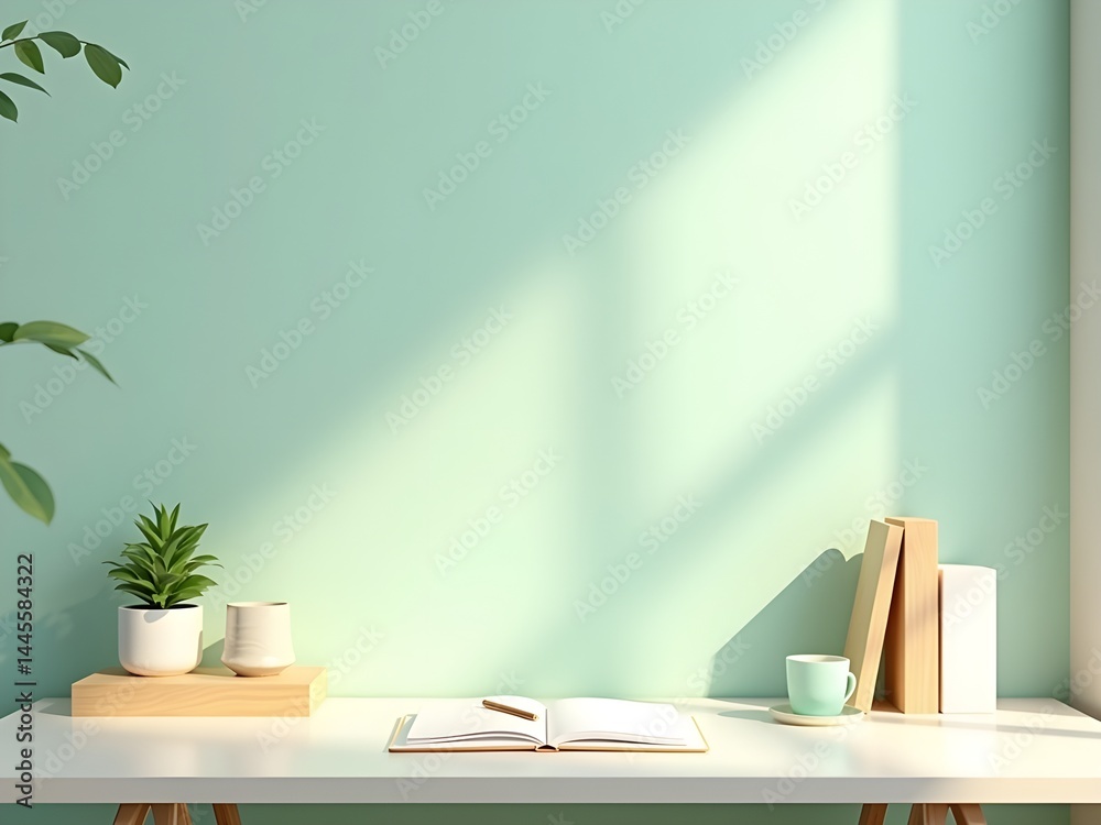 Fototapeta premium Workspace with Desk and Plants in Bright Sunlight
