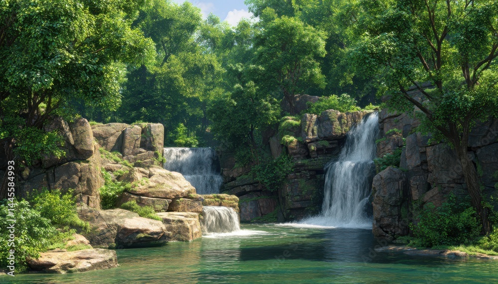 Fototapeta premium This nature waterfall is surrounded by lush greenery, making it a perfect retreat