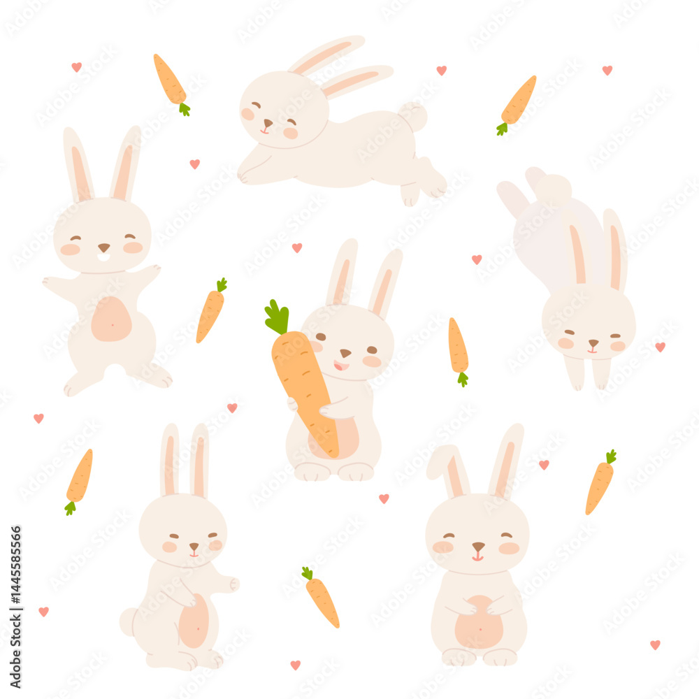 Cute bunny set in flat cartoon design. Bundle of playful and joyful rabbits in different poses like sitting, standing, jumping, running, hold carrot. Spring Easter hares. Vector illustration isolated. Cute bunny set in flat cartoon design. Bundle of playful and joyful rabbits in different poses like sitting, standing, jumping, running, hold carrot. Spring Easter hares. Vector illustration isolated.