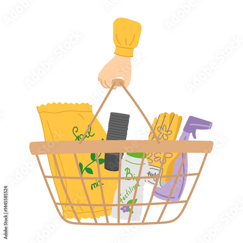 Gardening items in basket in flat cartoon design. Soil mix in yellow bag, seedling plastic cups, gardener gloves, spray bottle and bio fertilizer in supermarket shopping basket. Vector illustration