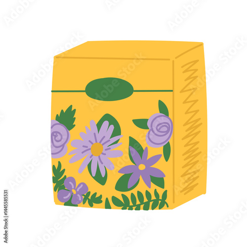 Fertilizer in yellow box in flat cartoon design. Plant food for seeds germinating and growing, domestic greenhouse nutrients in ornate with blooming flowers paper package. Vector illustration
