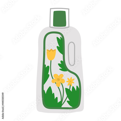 Fertilizer in plastic bottle in flat cartoon design. Plant food for seeds germinating and growing, compost formula, domestic greenhouse nutrients in blooming flowers package. Vector illustration