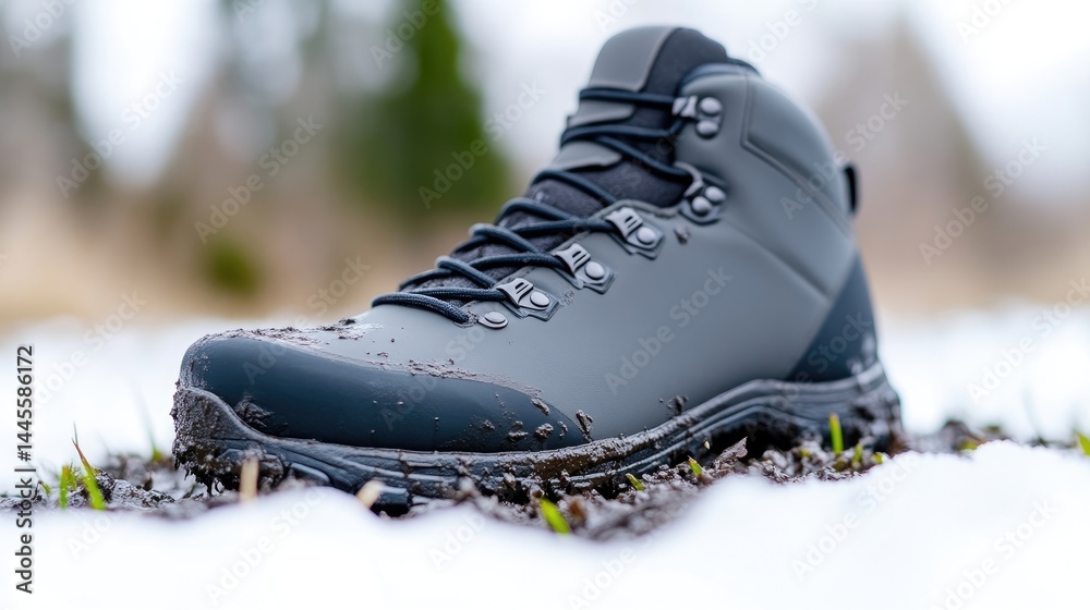 Hiking boot in snowy mud Hiking boot in snowy mud