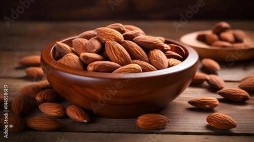 Realistic photo of roasted almonds in wooden bowl high resolution natural background stock photography food concept