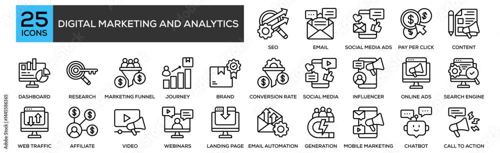 Digital Marketing and Analytics icon collection set. Containing design SEO, Email Marketing, Social Media Ads, Pay Per Click, Content Marketing Digital Marketing and Analytics icon collection set. Containing design SEO, Email Marketing, Social Media Ads, Pay Per Click, Content Marketing