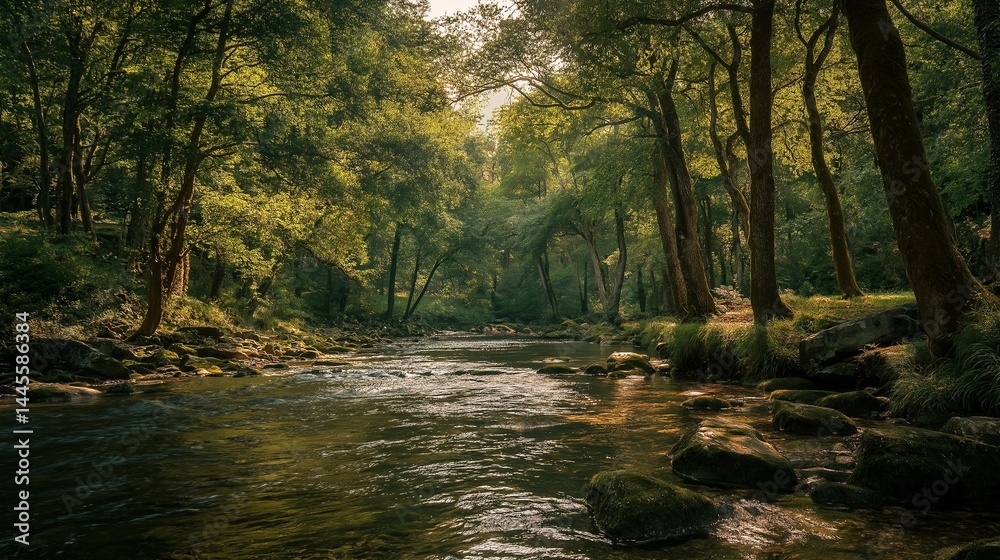 Obraz premium Serene river flows through a lush, green forest. The sunlight peeks through the canopy, creating a dappled effect on the water. The tranquil scene evokes feelings of peace and tranquility