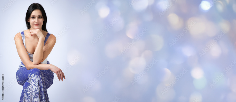 Banner with studio portrait of young beautiful smiling woman with black loose hair against light blue background.