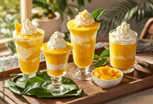 illustration of Refreshing Mango and Cream Dessert in a Glass with a Fresh Mango Garnish