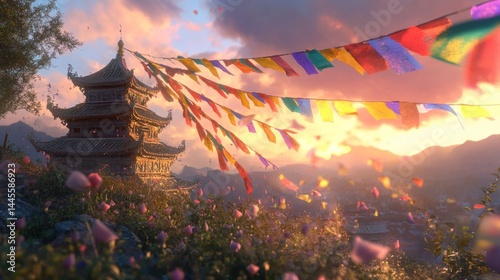 Peaceful mountain temple at sunset, prayer flags fluttering. Lush floral meadow surrounds the ancient structure