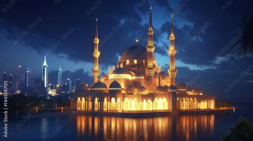 Obraz premium Grand illuminated mosque at night, reflecting in water, city skyline in the background