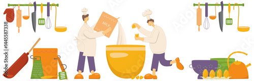 Professional cook, chef at work, cooking food, preparing dishes in restaurant kitchen, preparation process. Illustration on transparent background for design template menu or decoration.