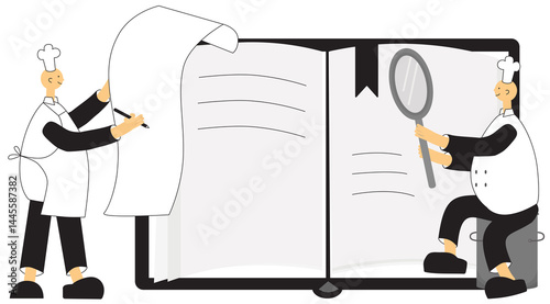 Professional cook, chef at work, cooking food, preparing dishes in restaurant kitchen, preparation process. Illustration on transparent background for design template menu or decoration.