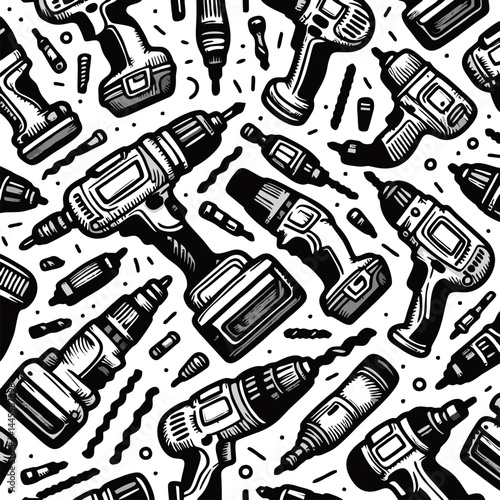 Seamless Pattern of Hand-Drawn Power Drills and Drill Bits