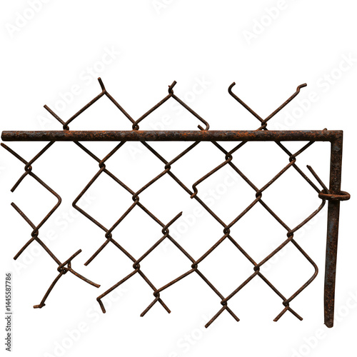 Rusty and Broken Chain Link Fence Section Isolated