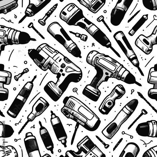 Seamless Pattern of Hand-Drawn Power Tools and Hardware