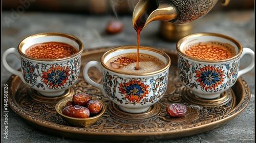 Turkish coffee being poured into delicate cups on a ornate tray