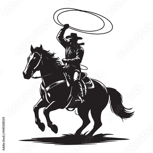 Cowboy rides a horse and throws a lasso. Cowboy on the rodeo. Vector Black silhouettes. with white background