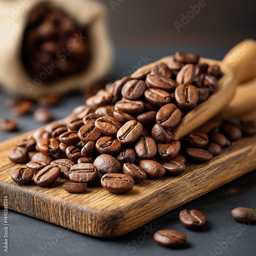 A close-up of roasted coffee beans spilling from a wooden scoop onto a rustic surface, showcasing rich textures.