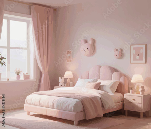 very cute and sweet 3d cartoon bedroom illustration