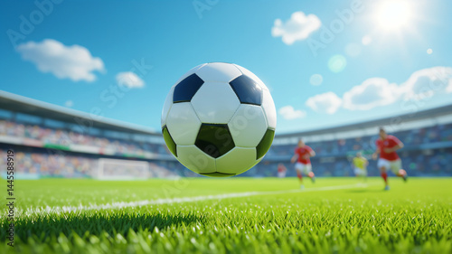 Soccer ball in a stadium, perfect for sports blogs, social media posts, team promotional materials, and sportsthemed designs. photo
