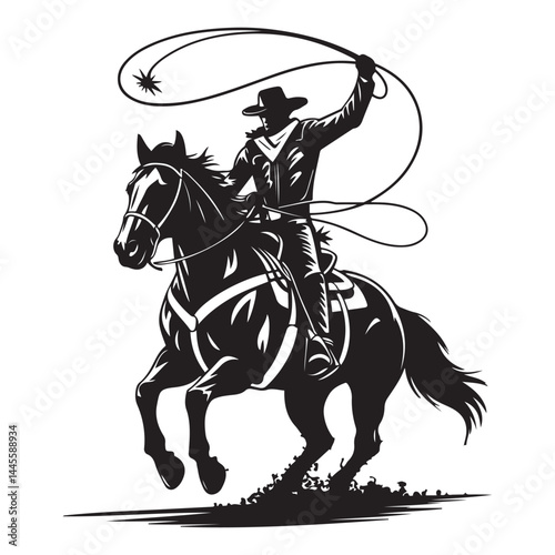 Cowboy rides a horse and throws a lasso. Cowboy on the rodeo. Vector Black silhouettes. with white background