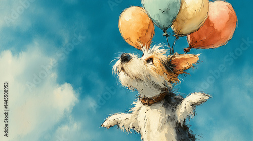 Cute cartoon puppy flying with balloons against a bright sky  