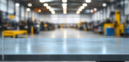 Wallpaper Mural blurred background of factory and empty steel tabletop in foreground. Business presentation Torontodigital.ca