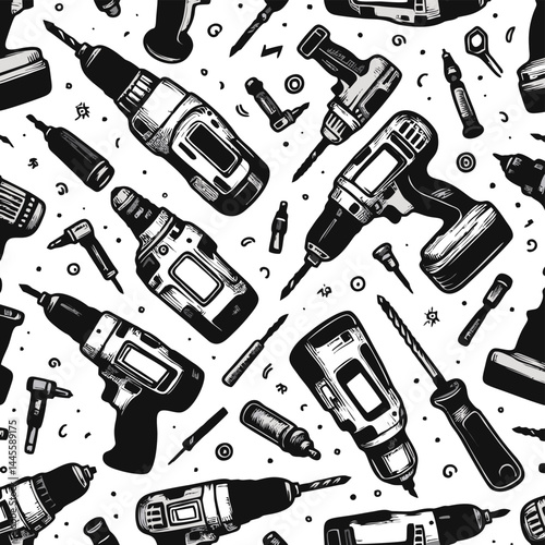 Seamless Pattern of Hand-Drawn Power Tools and Drill Bits