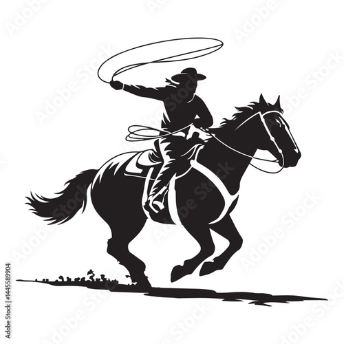 Cowboy rides a horse and throws a lasso. Cowboy on the rodeo. Vector Black silhouettes. with white background