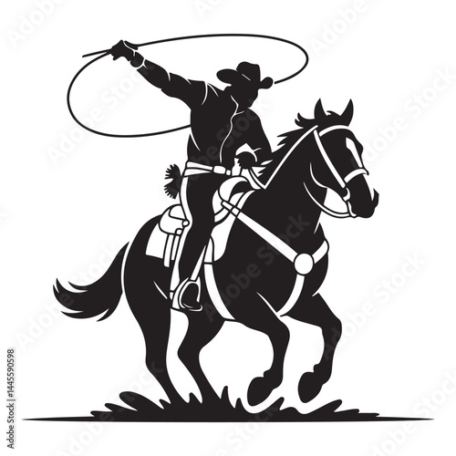 Cowboy rides a horse and throws a lasso. Cowboy on the rodeo. Vector Black silhouettes. with white background